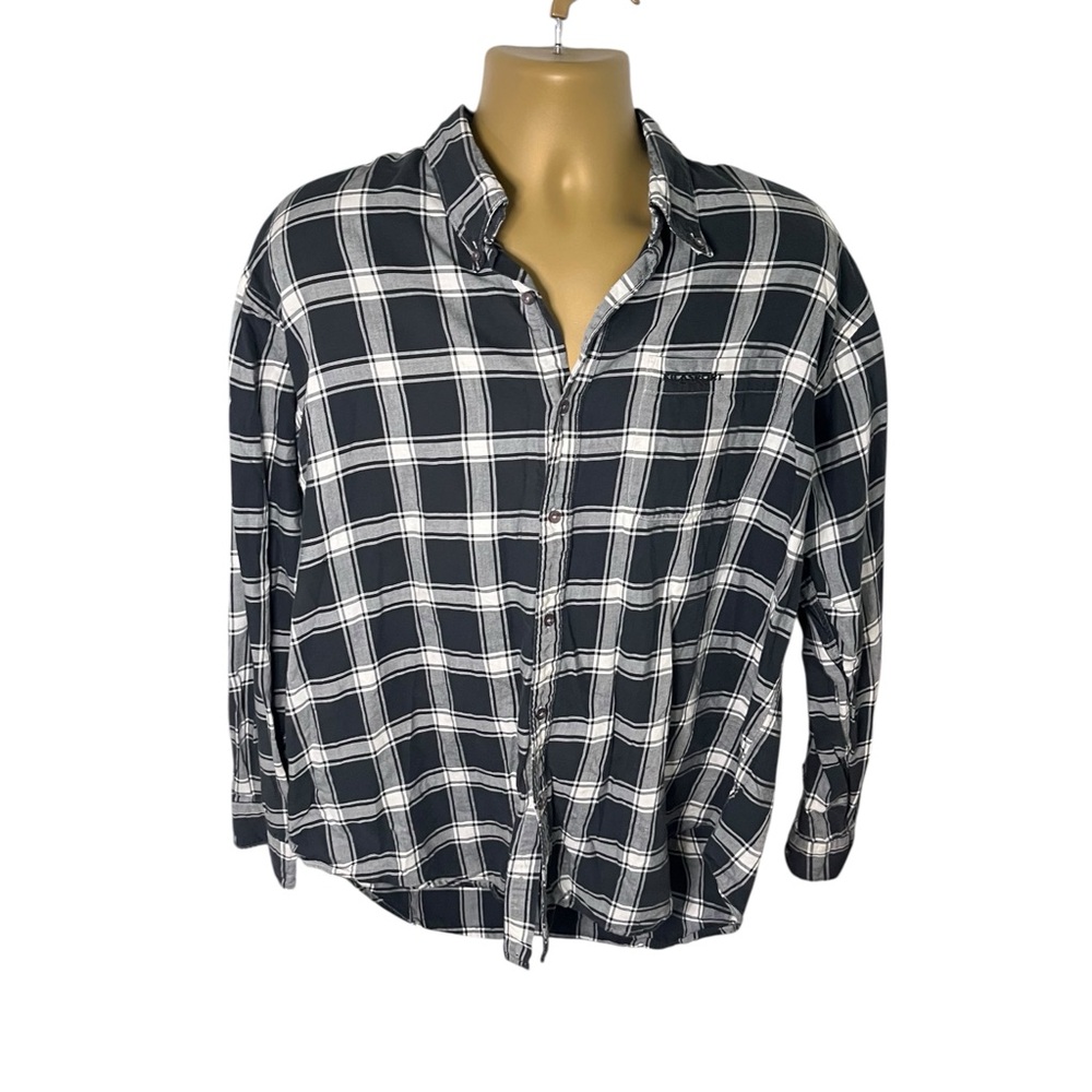 Vintage 90s Fila Sport Plaid Button Down Shirt Black White Cotton L